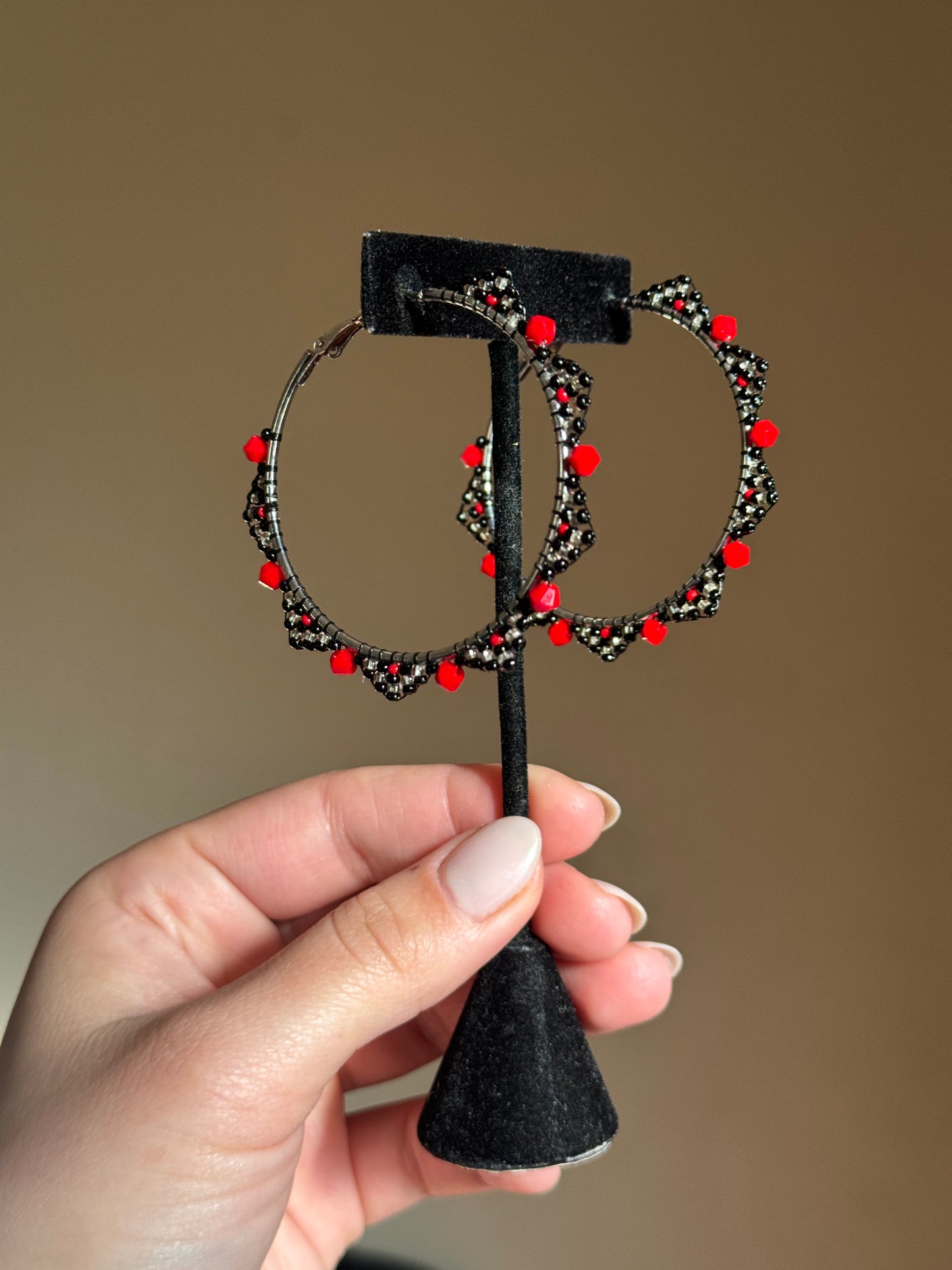 Red and Black Beaded Hoop Earrings