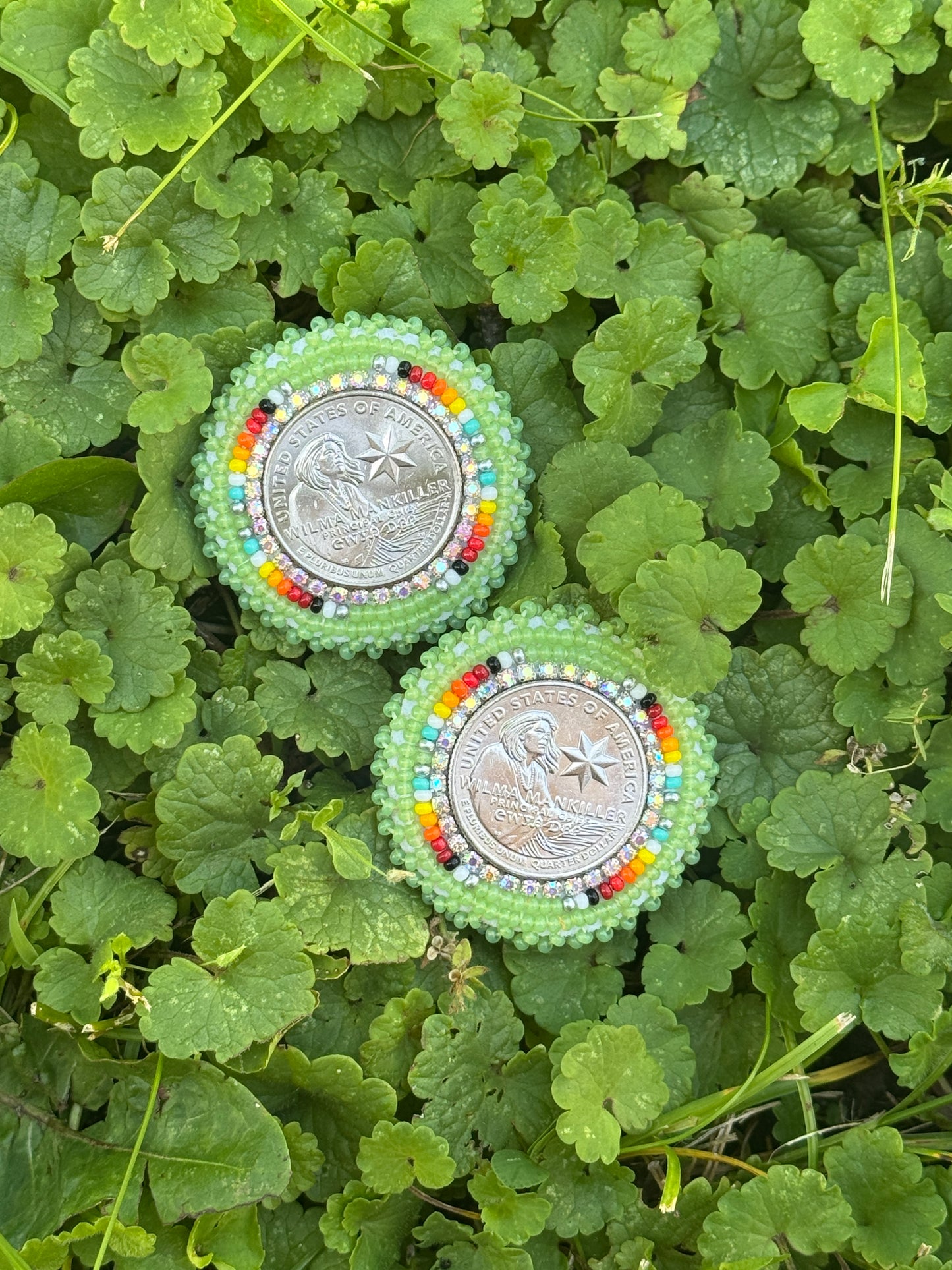 Green Wilma Mankiller Beaded Earrings
