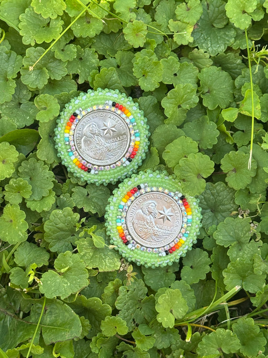 Green Wilma Mankiller Beaded Earrings
