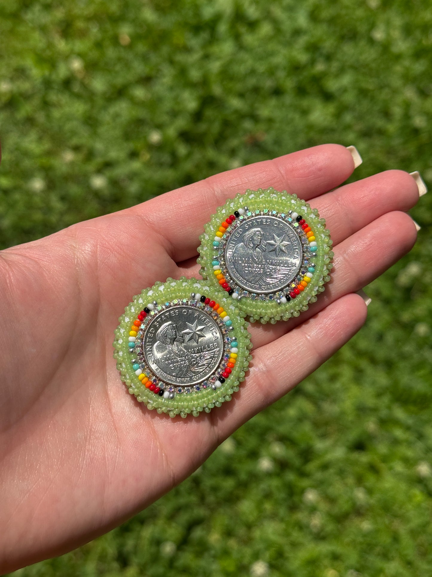 Green Wilma Mankiller Beaded Earrings