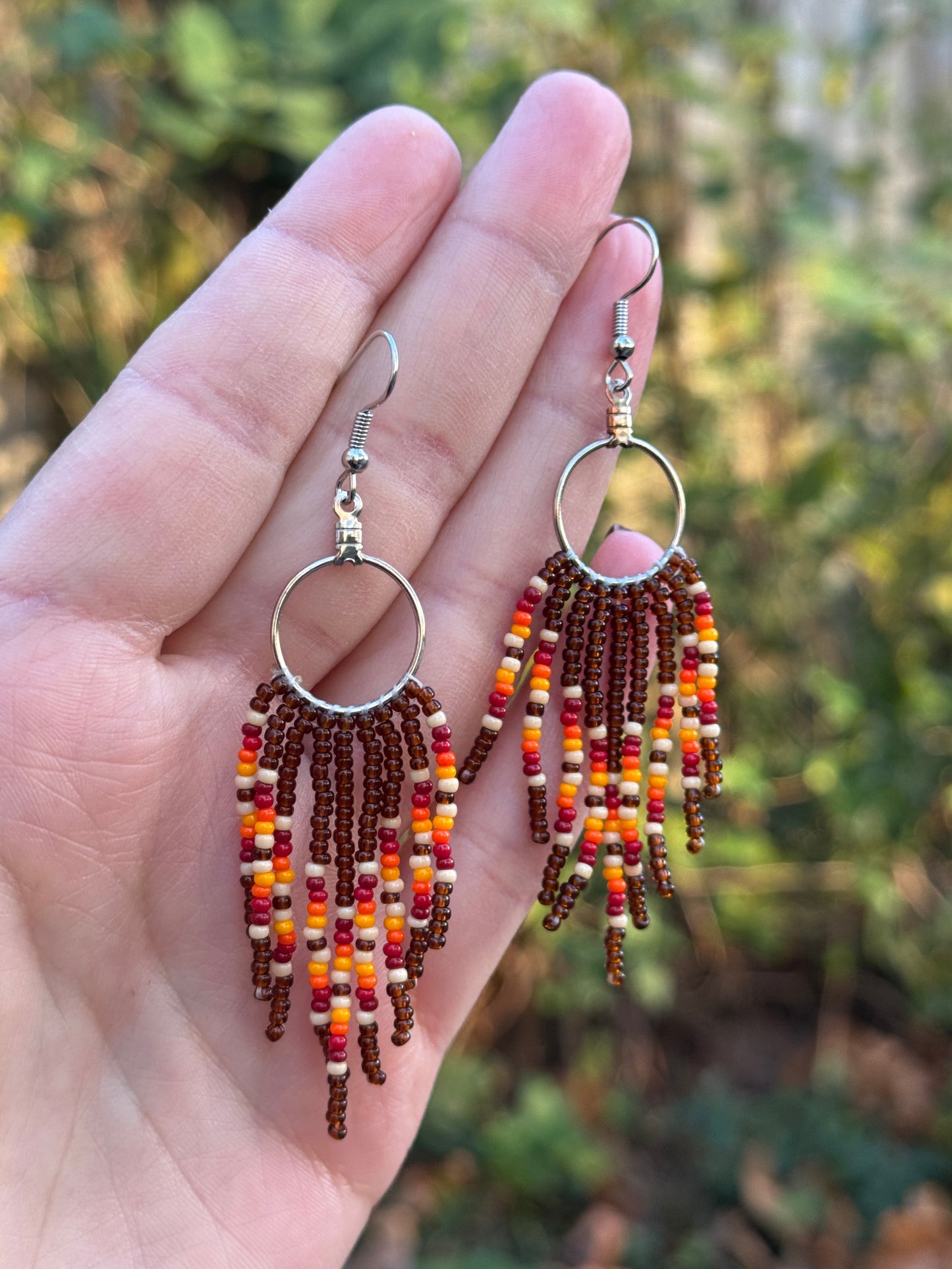 Autumn Brown Beaded Fringe Drop Hoop Earrings