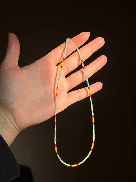 Pale Sage Green and Fire Colors Beaded Single Strand Necklace