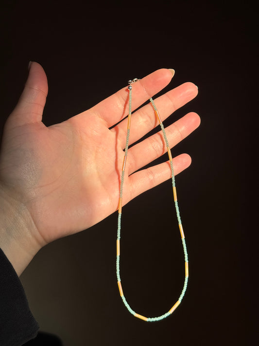 Pale Sage Green and Peach Beaded Single Strand Necklace