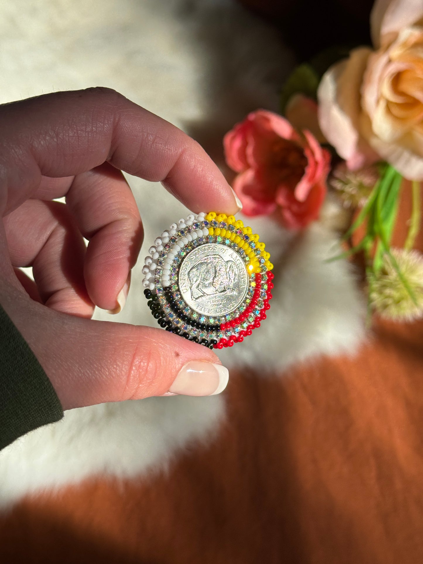 Buffalo Nickel Medicine Wheel Beaded Ring