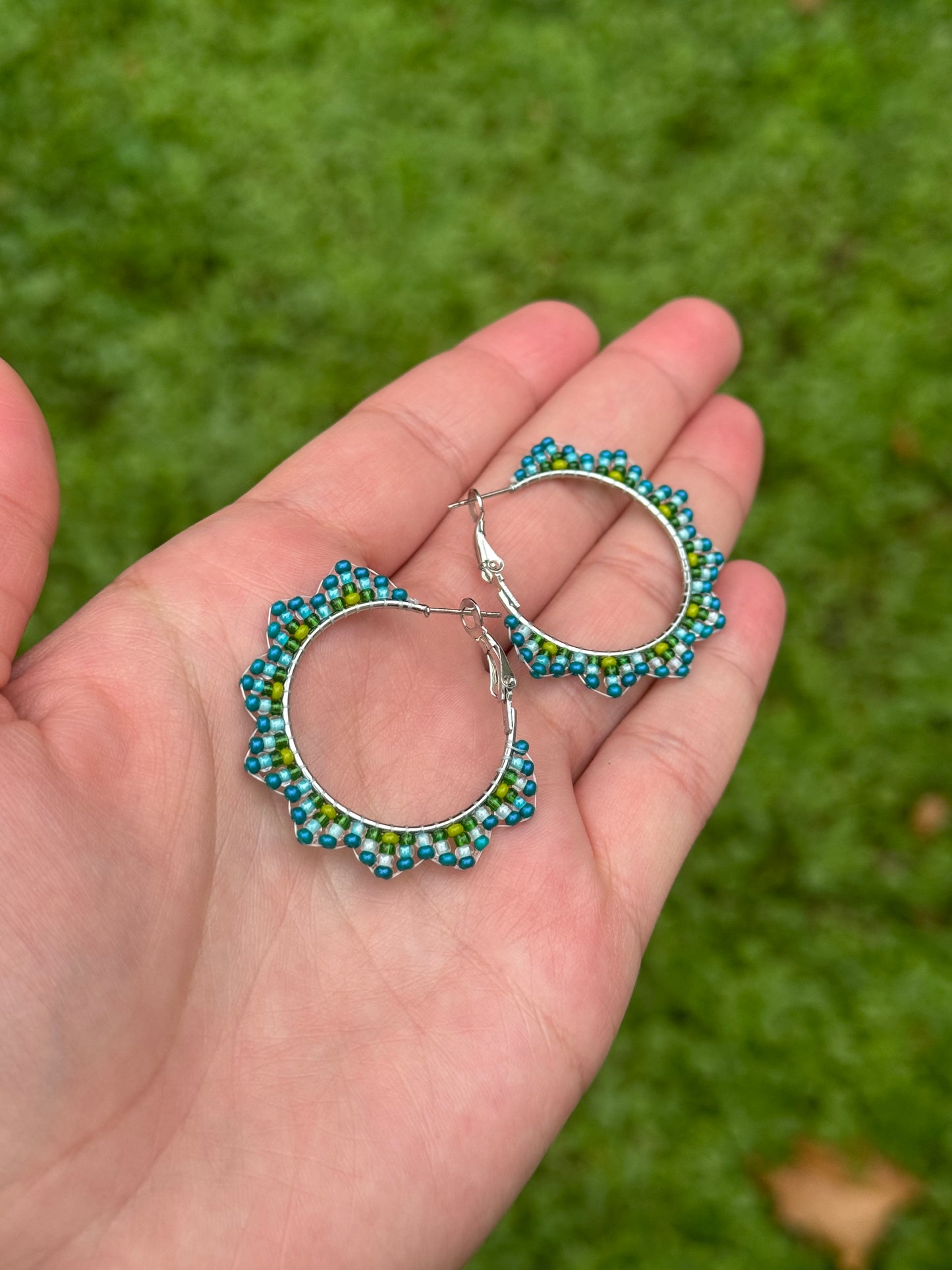 Small Teal Beaded Hoop Earrings