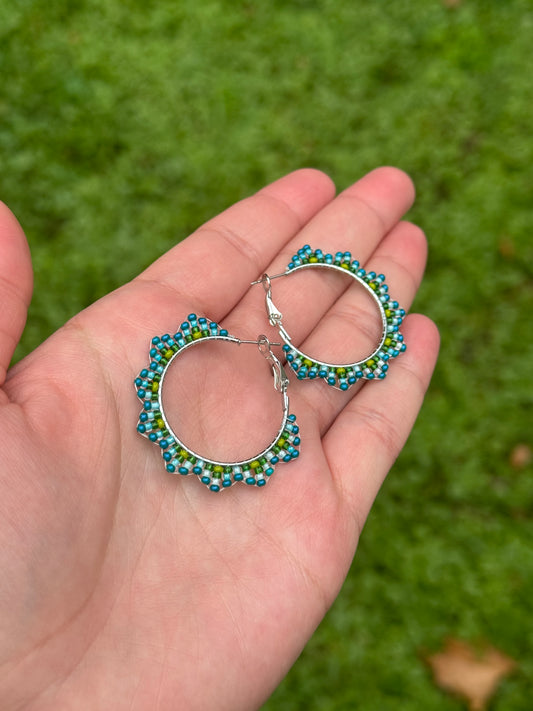 Small Teal Beaded Hoop Earrings