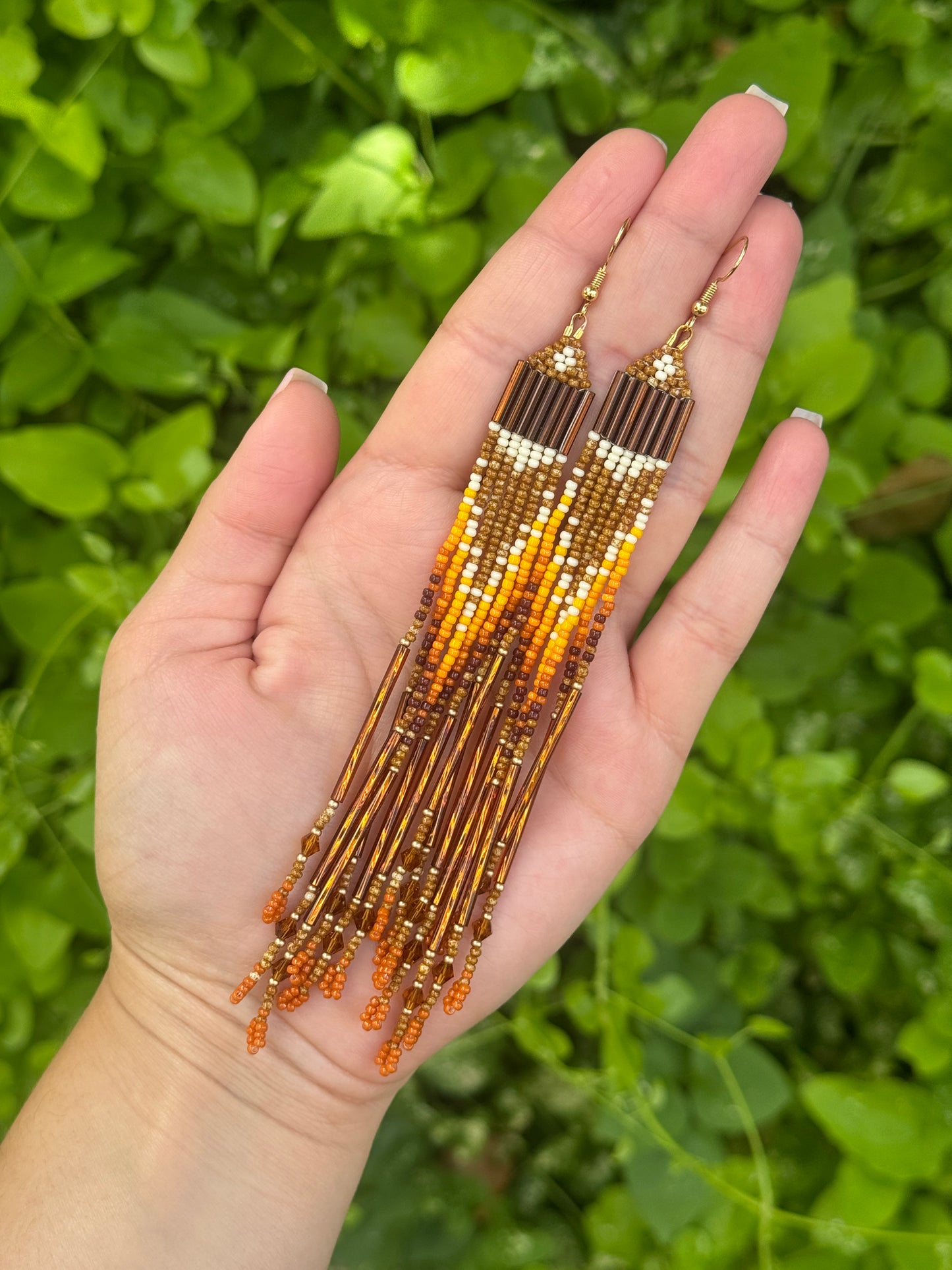 Coffee Color Long Beaded Fringe Earrings