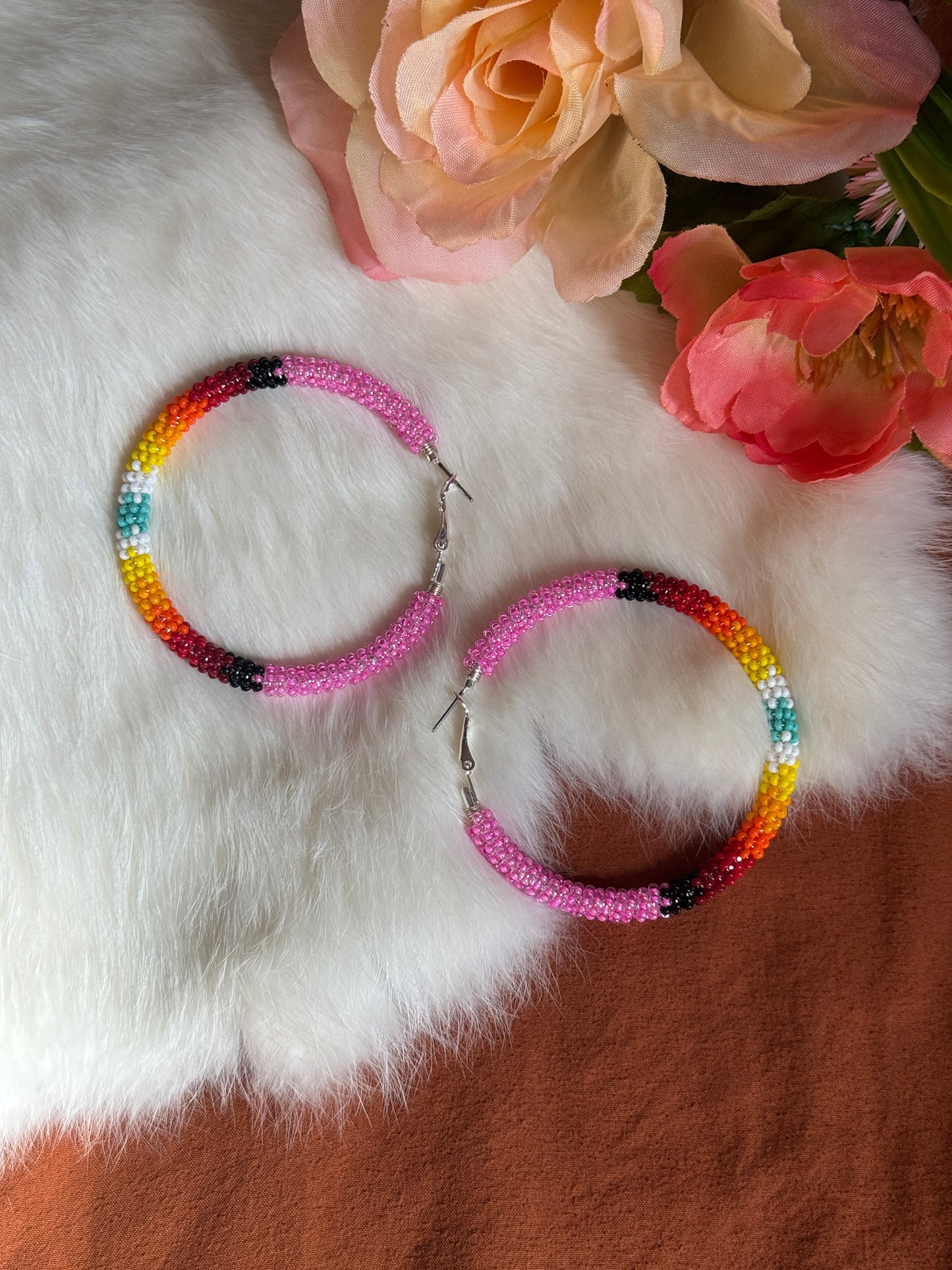 Pink and Fire Color Wrap Style Beaded Earrings