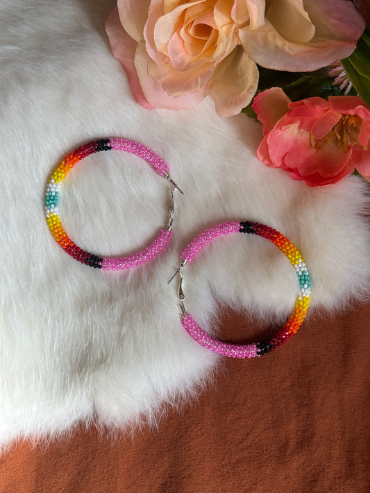 Pink and Fire Color Wrap Style Beaded Earrings