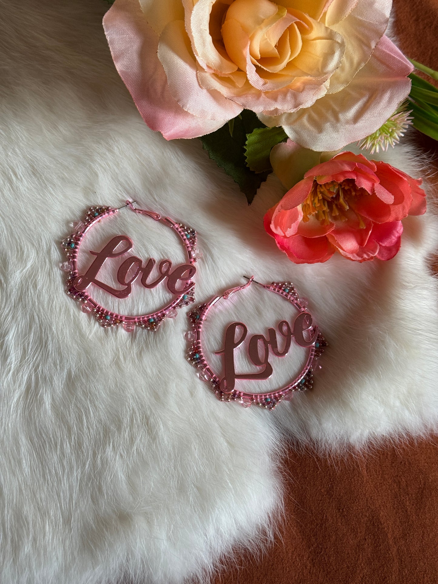 “Love” Pink Metallic Beaded Hoop Earrings