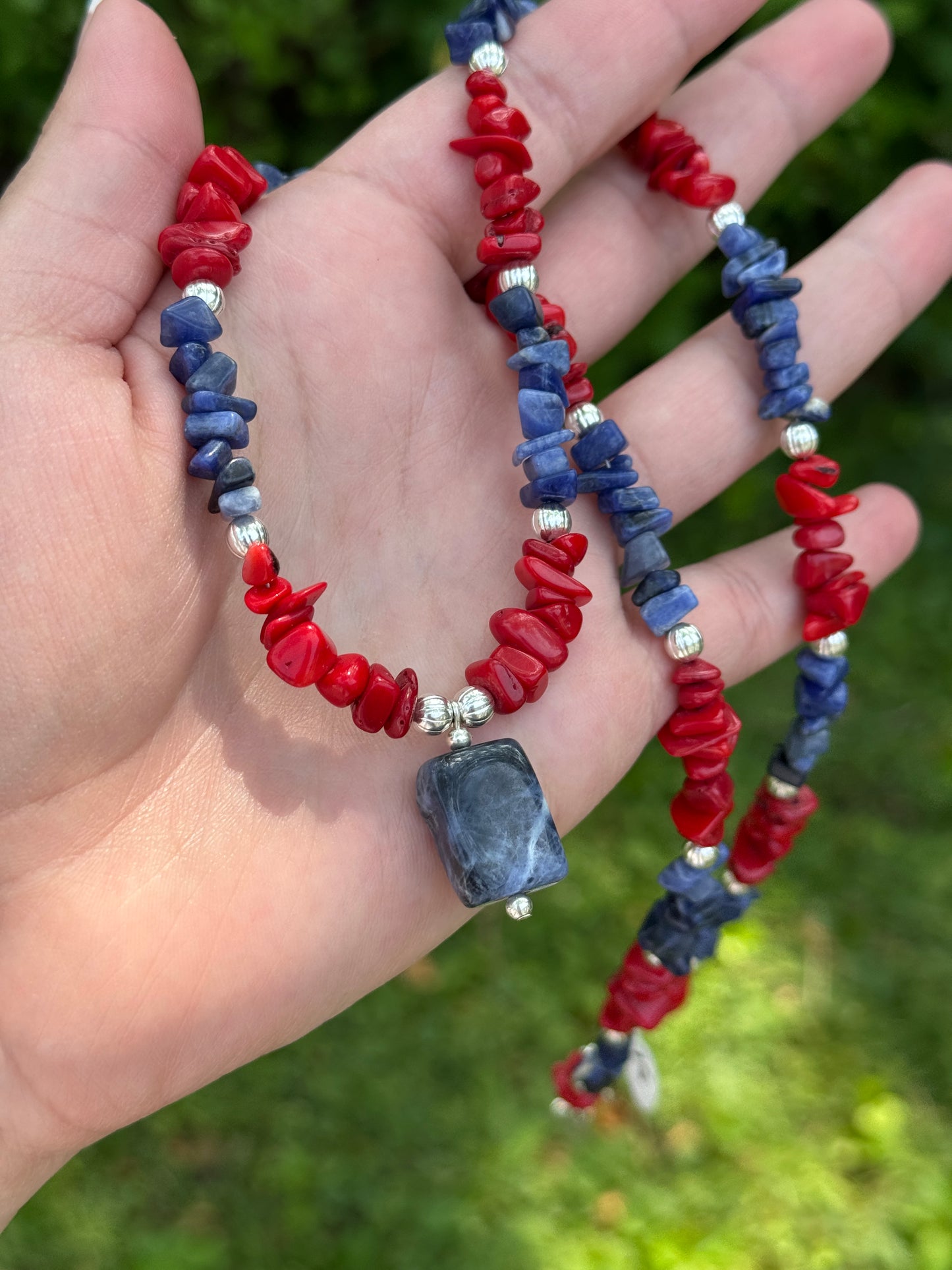 Red Coral and Blue Lapis Stone Necklace