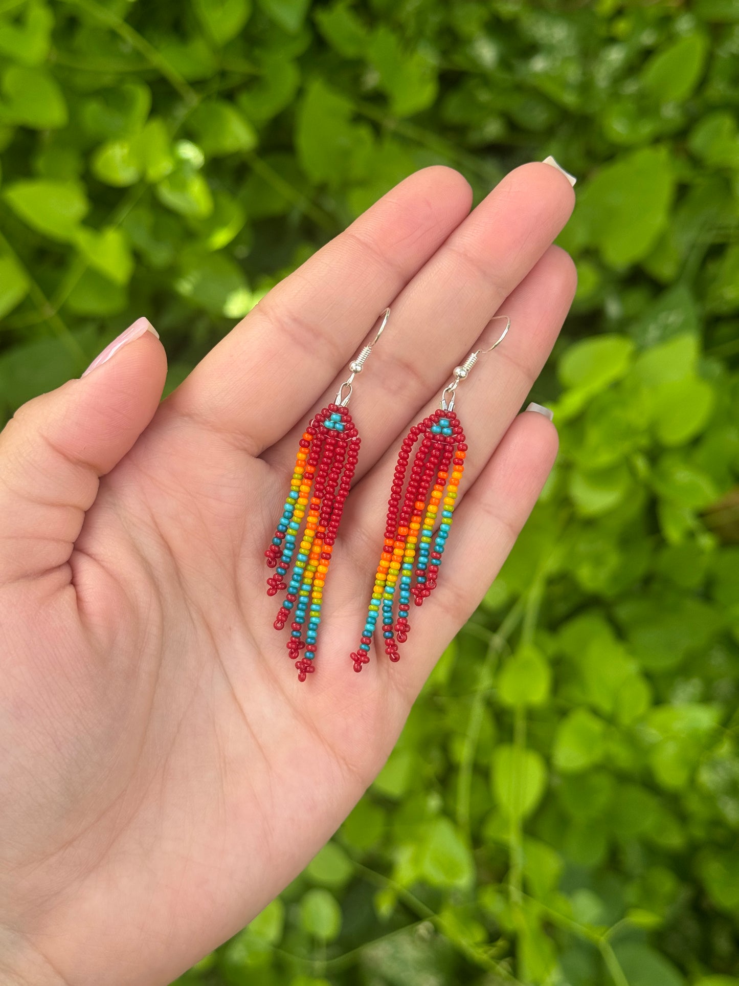 Small Red Rainbow Beaded fringe earrings