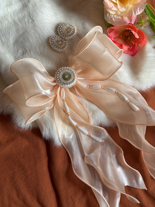 Large Peach Beaded Hair Bow Barrette