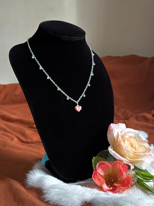 Pink Heart Pendant Pearl Chain Necklace