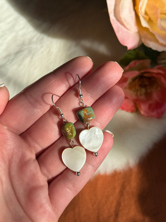 Turquoise and Mother of Pearl Hearts Earrings