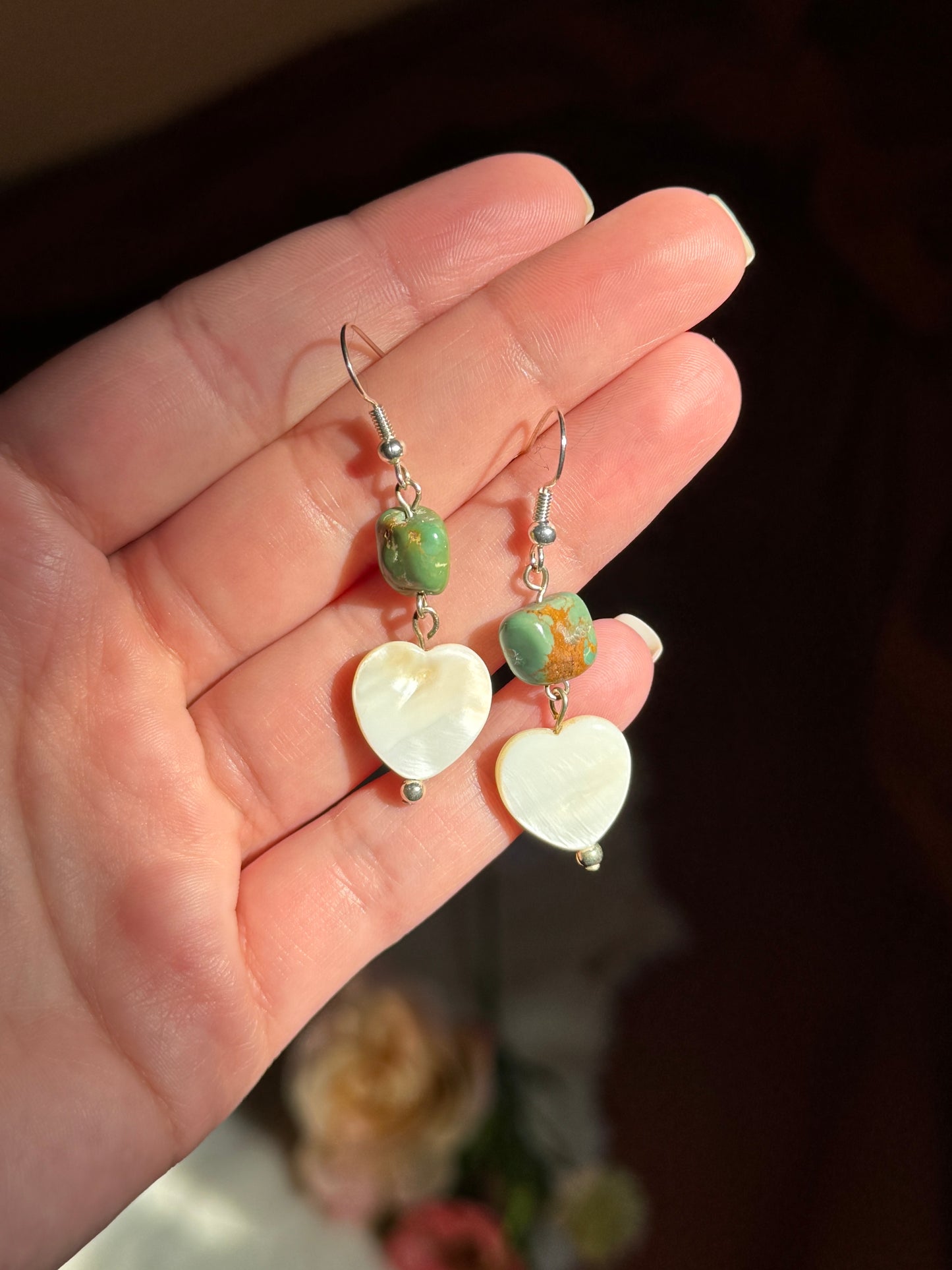 Turquoise and Mother of Pearl Hearts Earrings