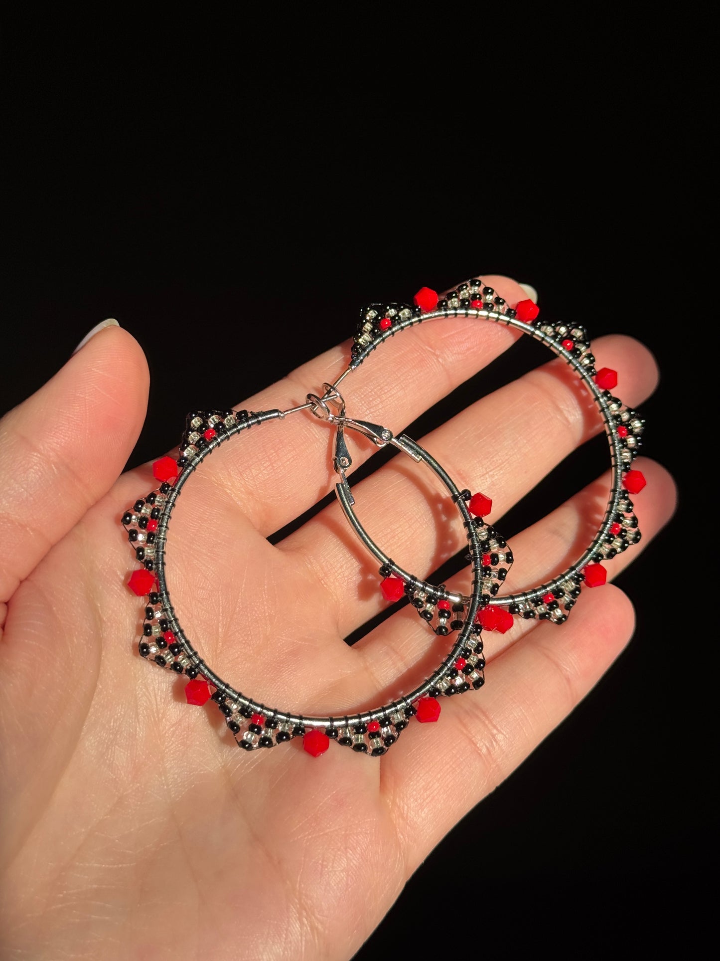 Red and Black Beaded Hoop Earrings