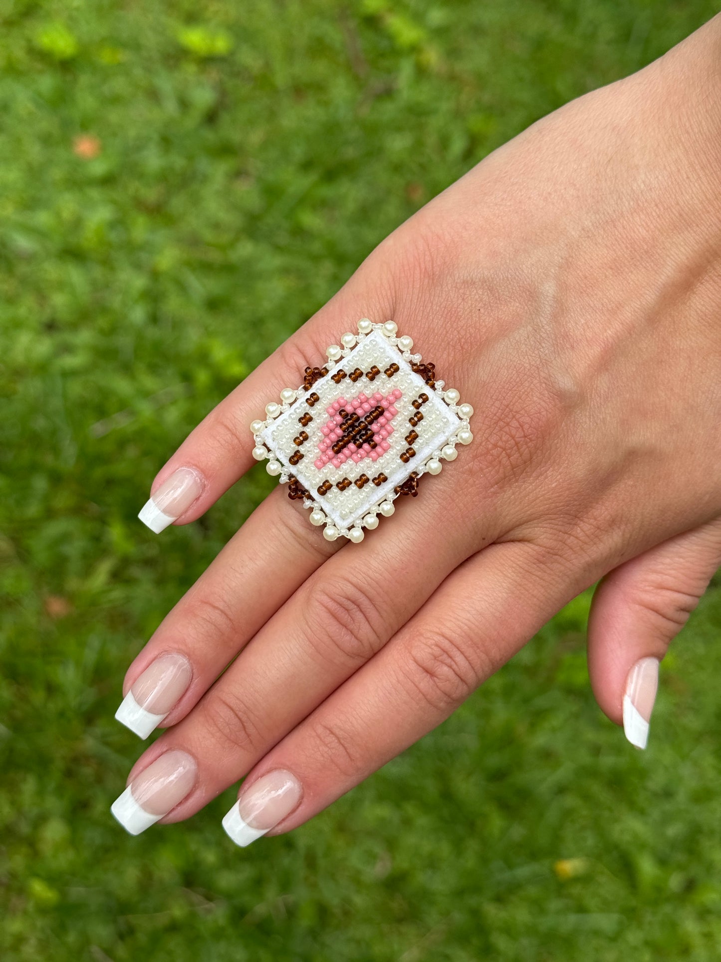 Brown and Pearl Beaded Ring