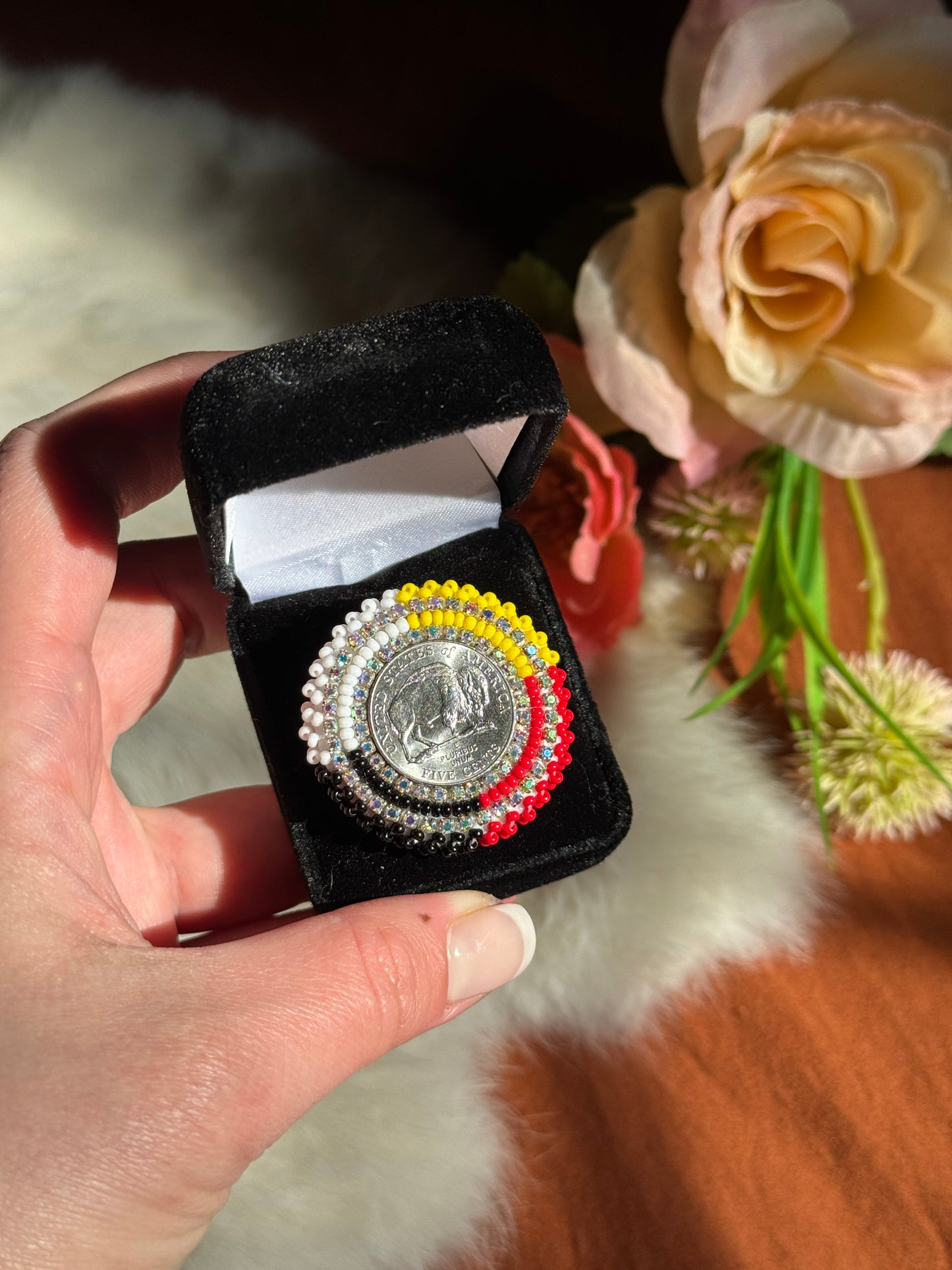 Buffalo Nickel Medicine Wheel Beaded Ring