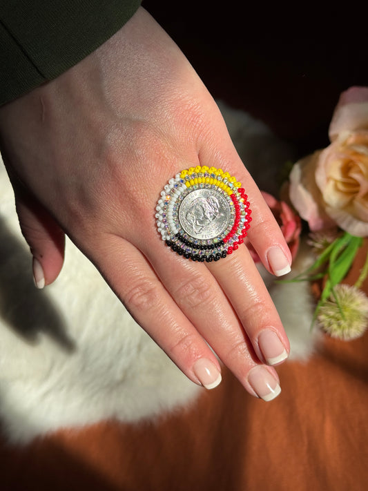 Buffalo Nickel Medicine Wheel Beaded Ring