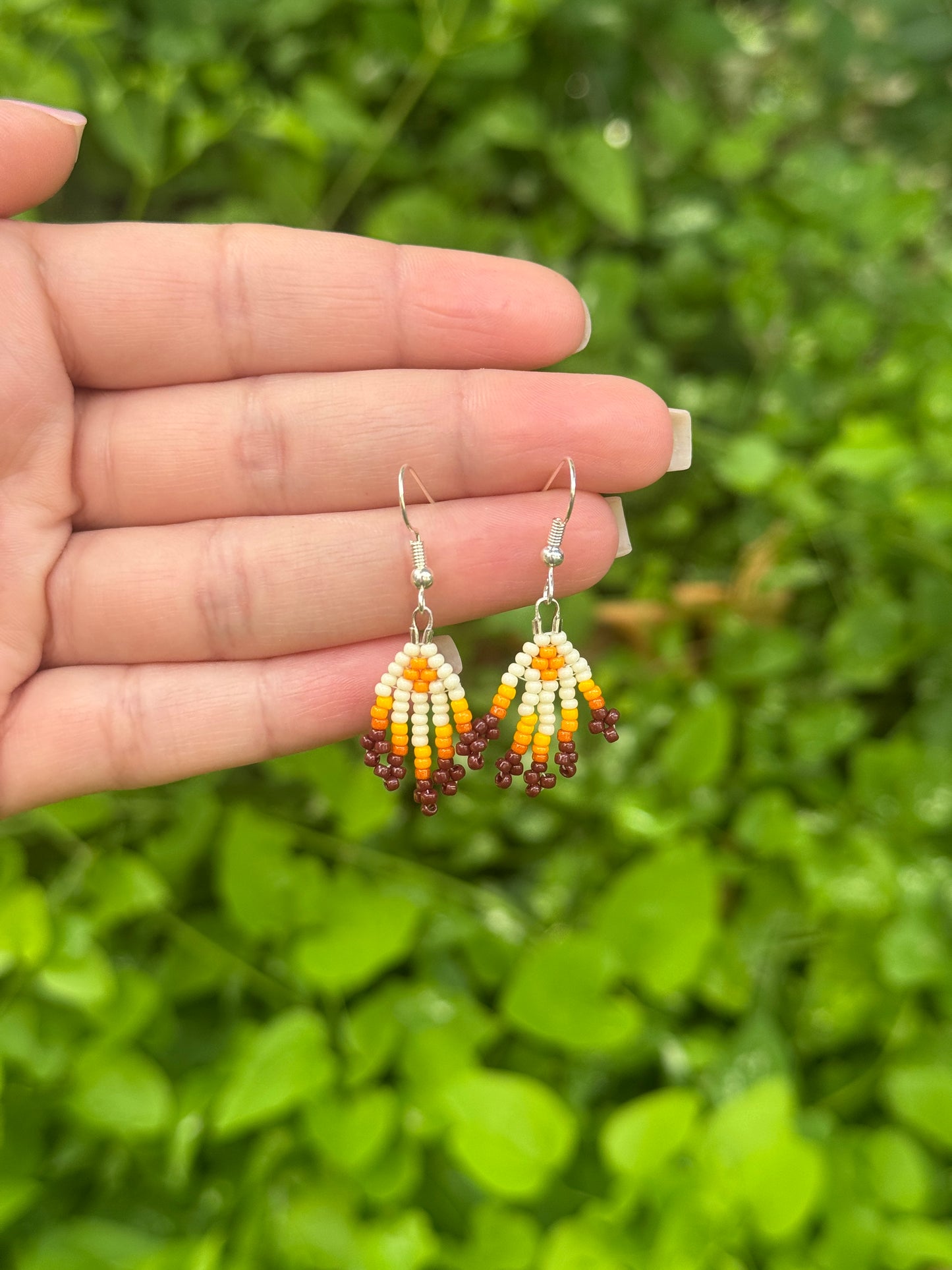 Mini Cream and Brown Beaded Fringe Earrings