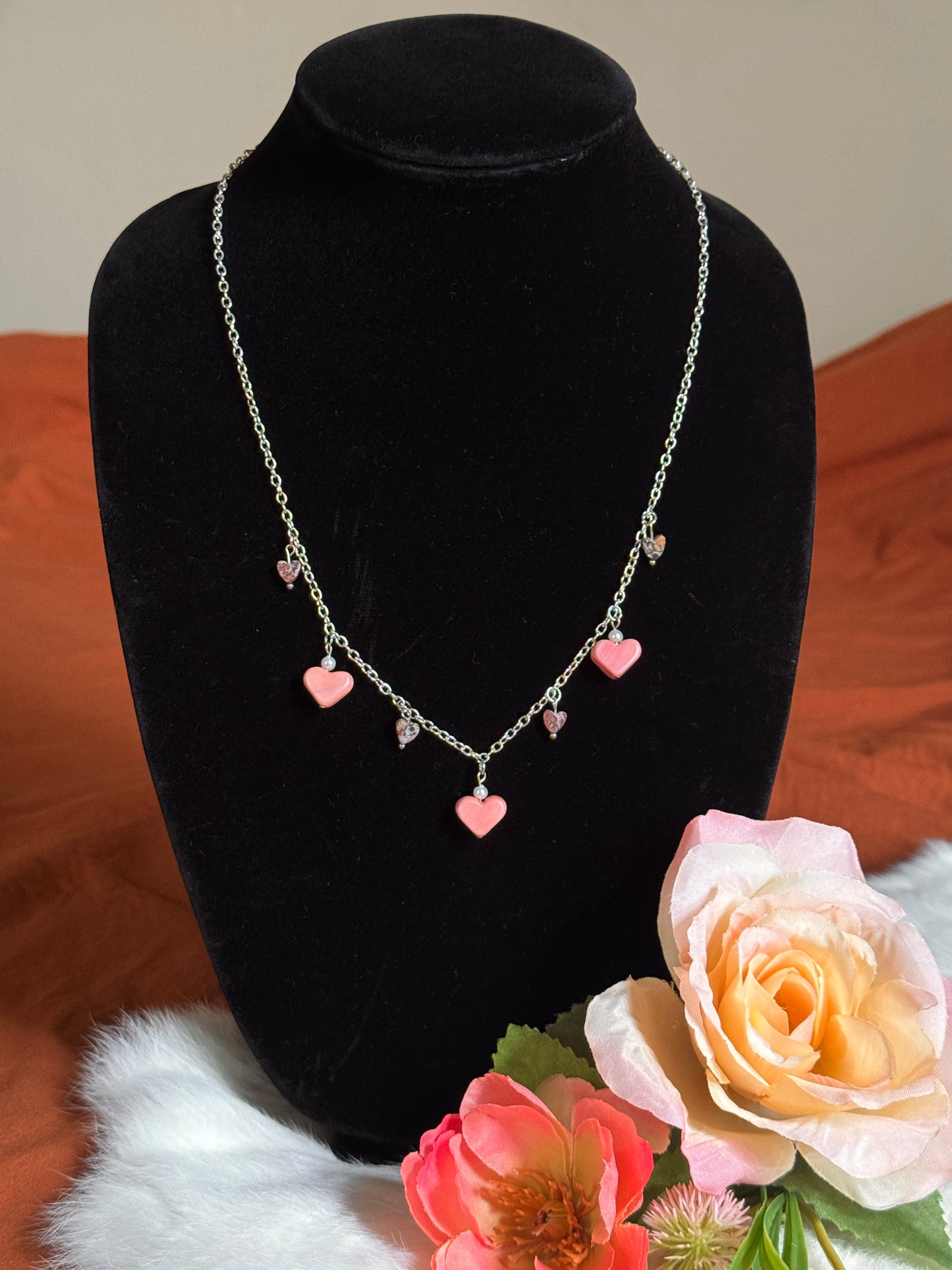 Pink Stone Hearts Charm Necklace