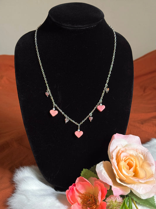 Pink Stone Hearts Charm Necklace