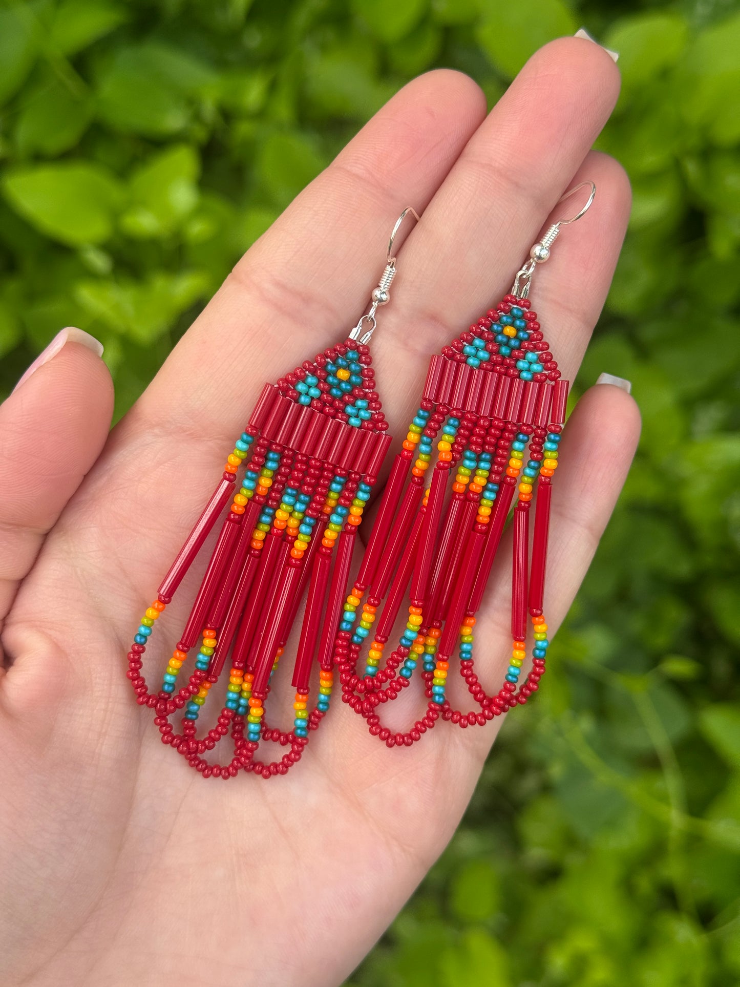 Red Rainbow Drop Fringe Beaded Earrings