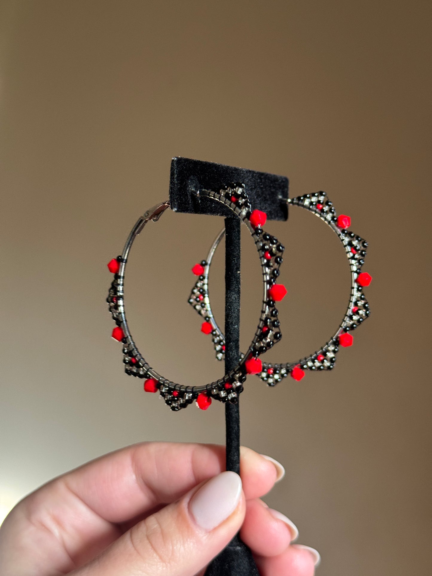 Red and Black Beaded Hoop Earrings