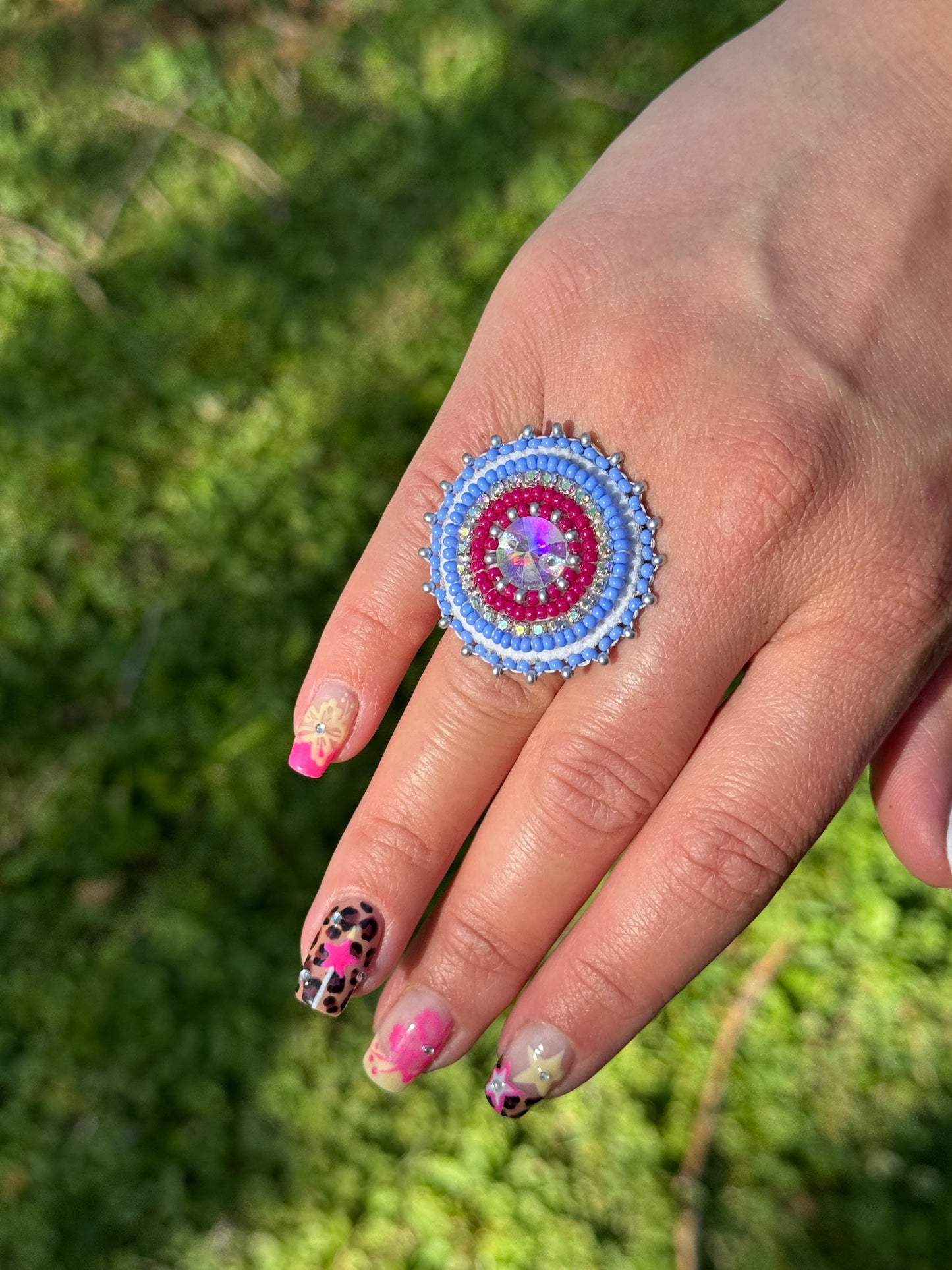 Round Blue Beaded Ring