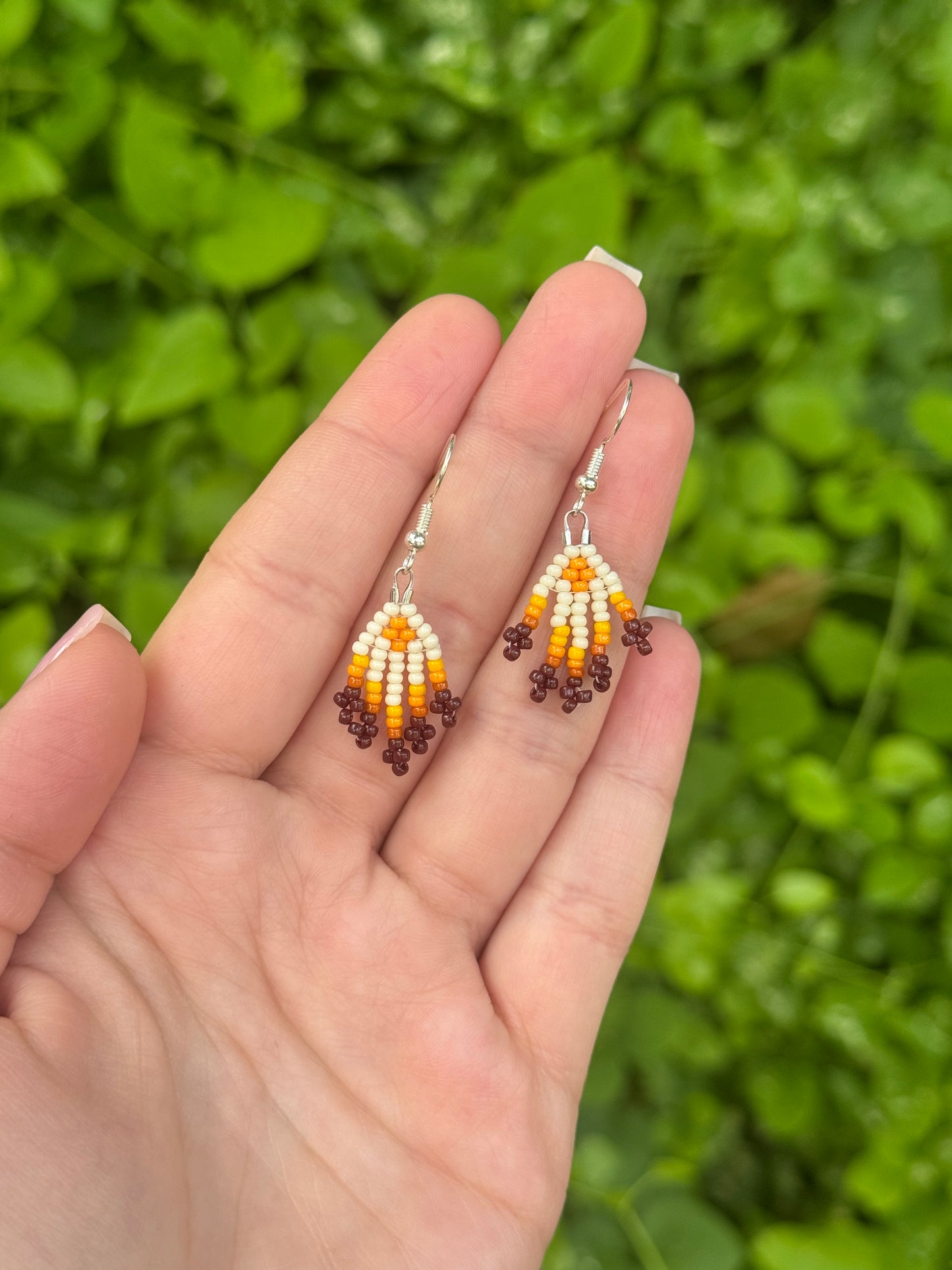 Mini Cream and Brown Beaded Fringe Earrings
