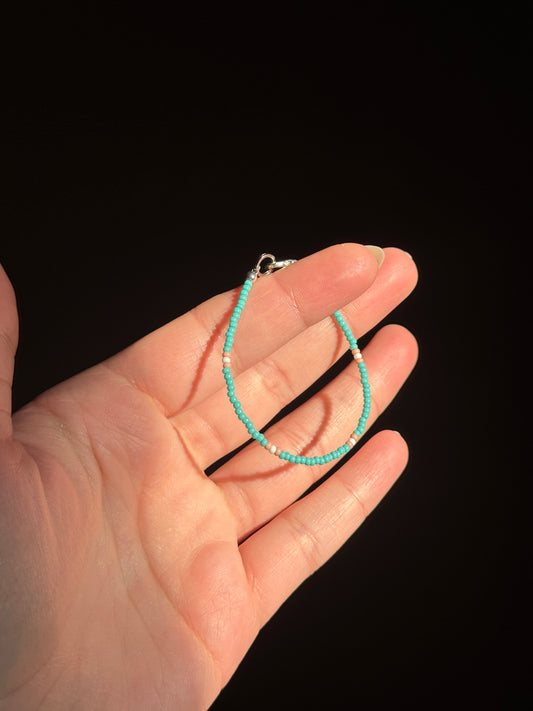 Turquoise and Pink Beaded Single Strand Child Size Bracelet