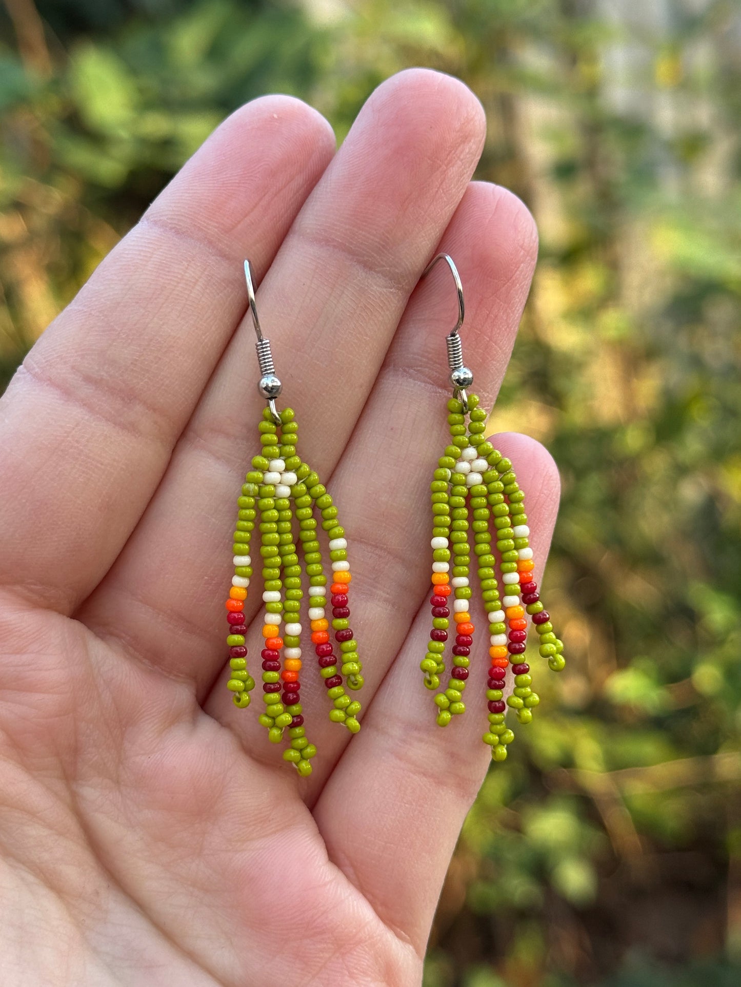 Beaded Fringe Earrings - Bright Olive