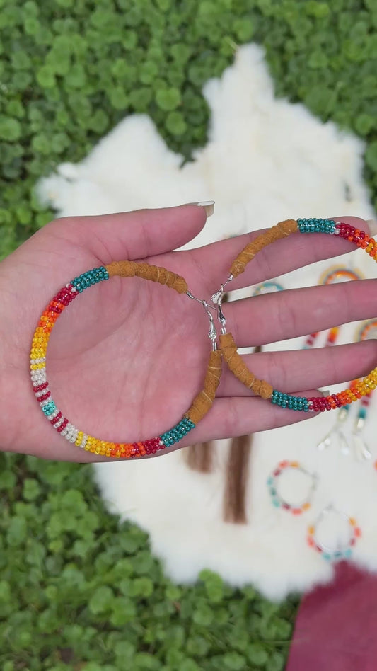 Leather and Wire Wrapped Beaded Large Hoop Earrings