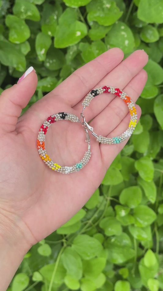 Silver and Fire Color Beaded Hoops