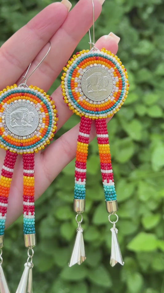 Buffalo Nickel Beaded Earrings with Cones