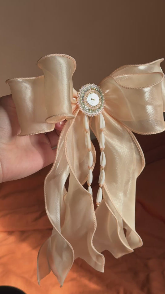Large Peach Beaded Hair Bow Barrette